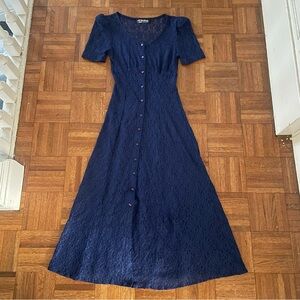Vintage 90s All That Jazz Navy Lace Maxi Dress Button Front Puff Sleeve
